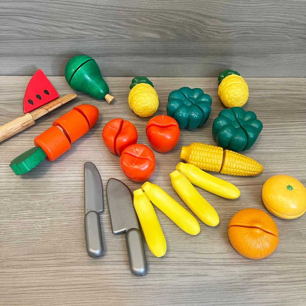 Vintage Play Food Lot Cutting Fruits Vegetables Knives Pretend Pull Apart